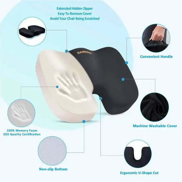 Alt view image 3 of 7 - Seat Cushion and Lumbar Support Pillow for Office Chair, Memory Foam Car Seat Cushions Back Support Pillows, Help Relieve Pain of Back, Lumbar, Tailbone and Sciatic NerveBlack