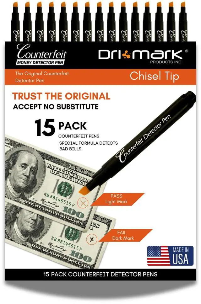 Main image of Counterfeit Money Detector Pen, White Imprint Chisel Tip, Made in The USA, Fake Money Checker - Money Loss Prevention Tester & Fraud Protection for U.S. Currency CFDChisel15PK (Pack of 15)