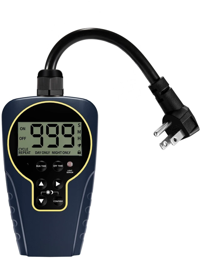 Main image of 1 s to 999 h Interval, Short/Long On-Off Repeat Cycle Timer Plug Outlet with Countdown and Light Sensor, Waterproof for Outdoor,15A 1HP