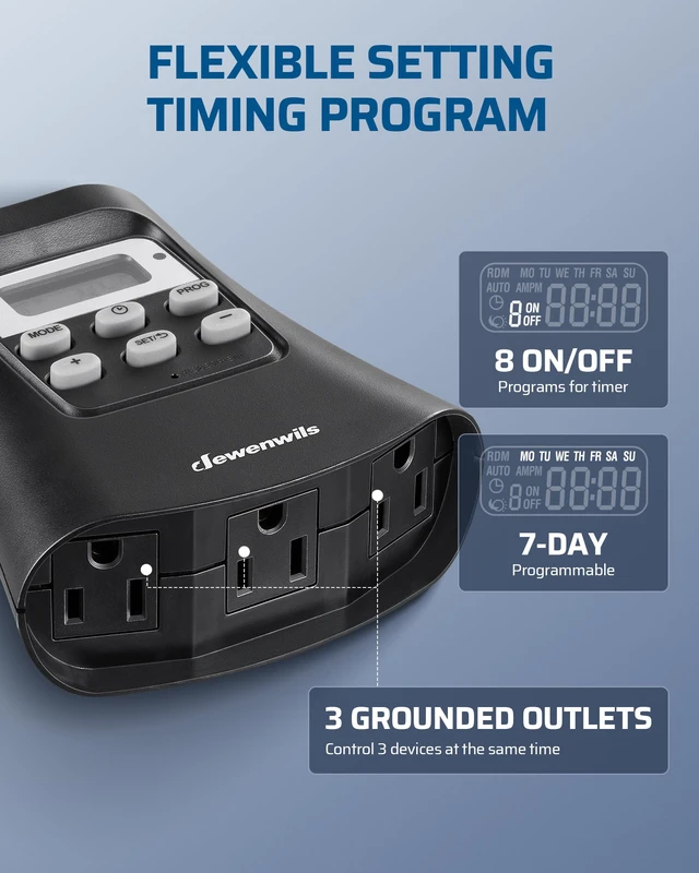 Alt view image 4 of 7 - Outdoor Digital Timer for Lights, 3-Prong Outlet 7-Day Programmable, 3 Grounded Outlets, 15A 1/3 HP, Plug in Timer for String Lights, Pump, Sprinkler, Fountain, UL Listed
