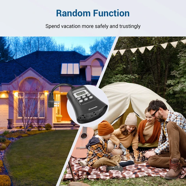 Alt view image 5 of 7 - Outdoor Digital Timer for Lights, 3-Prong Outlet 7-Day Programmable, 3 Grounded Outlets, 15A 1/3 HP, Plug in Timer for String Lights, Pump, Sprinkler, Fountain, UL Listed