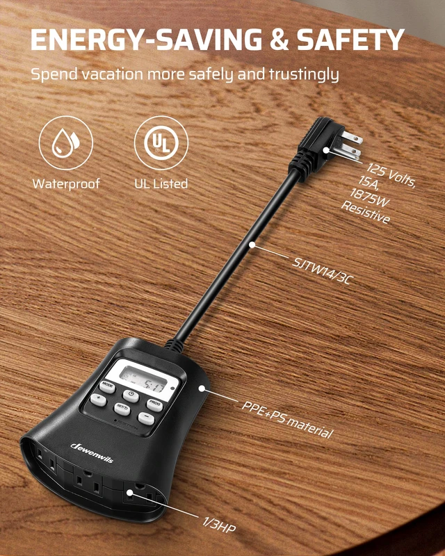 Alt view image 7 of 7 - Outdoor Digital Timer for Lights, 3-Prong Outlet 7-Day Programmable, 3 Grounded Outlets, 15A 1/3 HP, Plug in Timer for String Lights, Pump, Sprinkler, Fountain, UL Listed