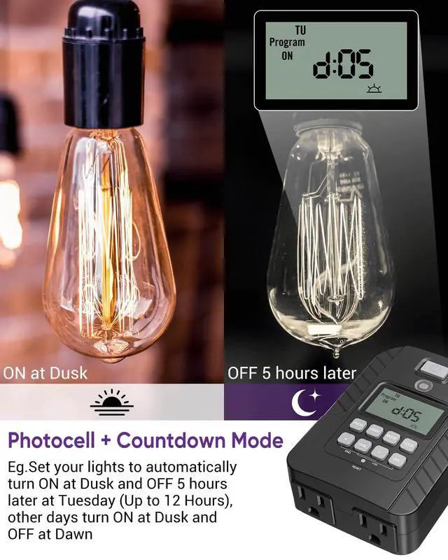 Alt view image 3 of 7 - Outdoor Light Timer, Waterproof Digital Timer Outlet, Dusk to Dawn Countdown Timer Plug, 7 Day Programmable 24 Hours Electrical Timer, 2 Grounded Outside Timers for Christmas Lights, 15A 1/2HP