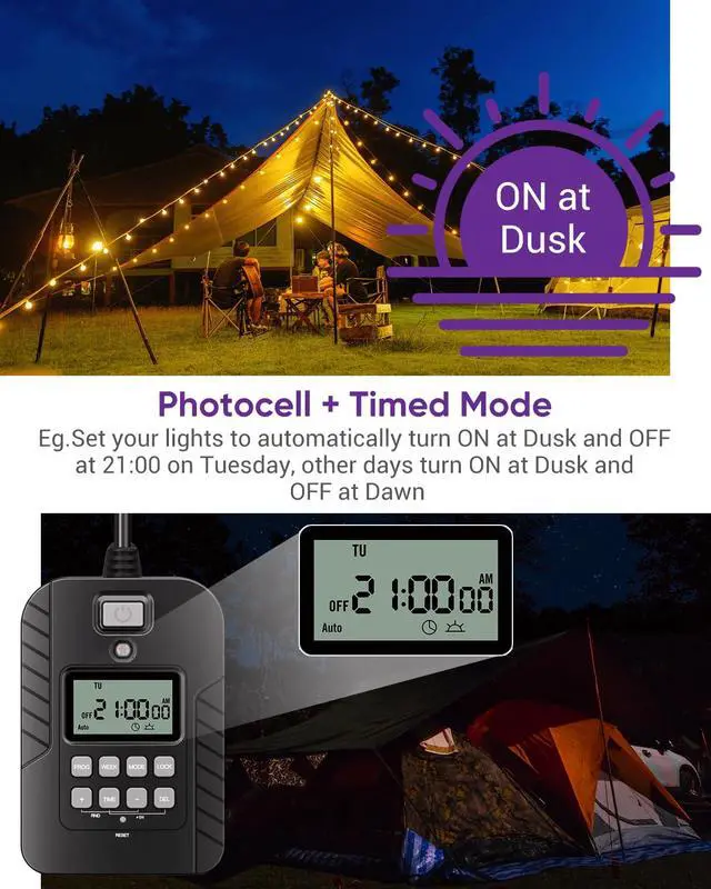 Alt view image 4 of 7 - Outdoor Light Timer, Waterproof Digital Timer Outlet, Dusk to Dawn Countdown Timer Plug, 7 Day Programmable 24 Hours Electrical Timer, 2 Grounded Outside Timers for Christmas Lights, 15A 1/2HP