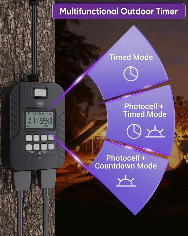Alt view image 2 of 7 - Outdoor Light Timer, Waterproof Digital Timer Outlet, Dusk to Dawn Countdown Timer Plug, 7 Day Programmable 24 Hours Electrical Timer, 2 Grounded Outside Timers for Christmas Lights, 15A 1/2HP