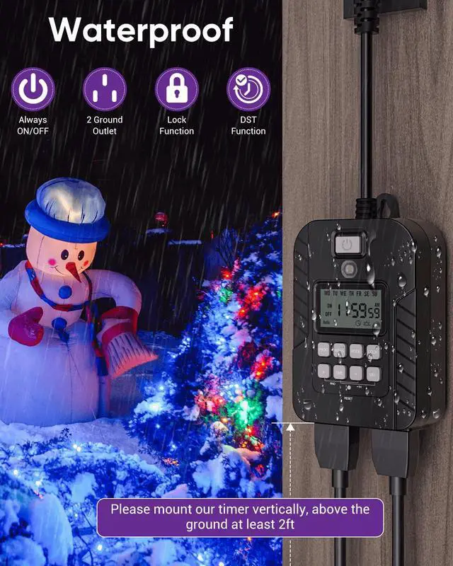 Alt view image 6 of 7 - Outdoor Light Timer, Waterproof Digital Timer Outlet, Dusk to Dawn Countdown Timer Plug, 7 Day Programmable 24 Hours Electrical Timer, 2 Grounded Outside Timers for Christmas Lights, 15A 1/2HP