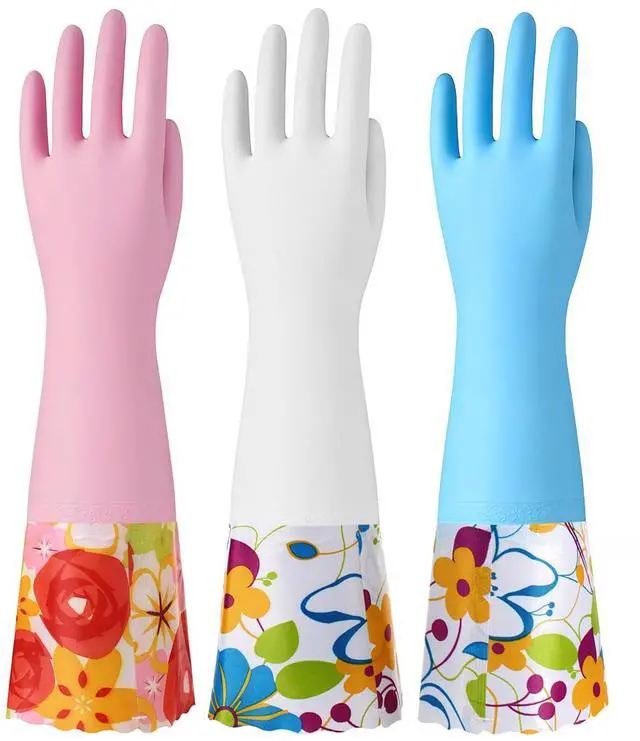 Main image of 3 Pairs Rubber Cleaning Gloves, Household Kitchen Dishwashing Gloves with Cotton Flocked Liner, Long Cuff 16 Inches, Reusable, Non-Slip (Medium, Blue+Pink+White)