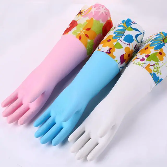 Alt view image 3 of 7 - 3 Pairs Rubber Cleaning Gloves, Household Kitchen Dishwashing Gloves with Cotton Flocked Liner, Long Cuff 16 Inches, Reusable, Non-Slip (Medium, Blue+Pink+White)