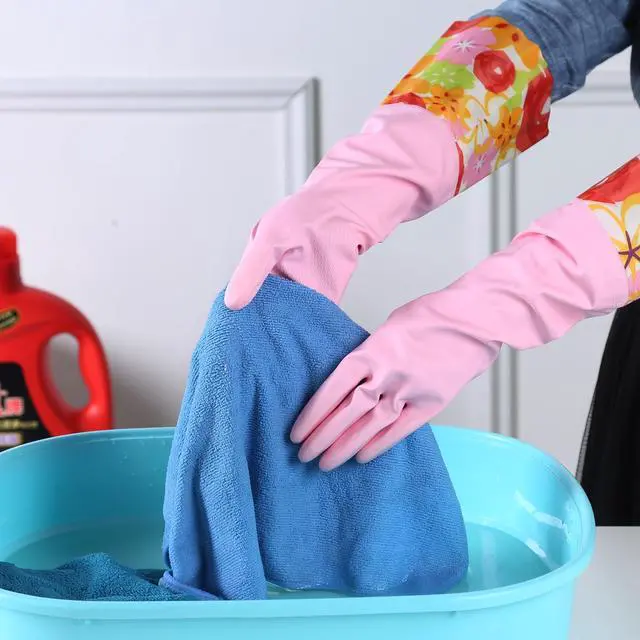 Alt view image 4 of 7 - 3 Pairs Rubber Cleaning Gloves, Household Kitchen Dishwashing Gloves with Cotton Flocked Liner, Long Cuff 16 Inches, Reusable, Non-Slip (Medium, Blue+Pink+White)