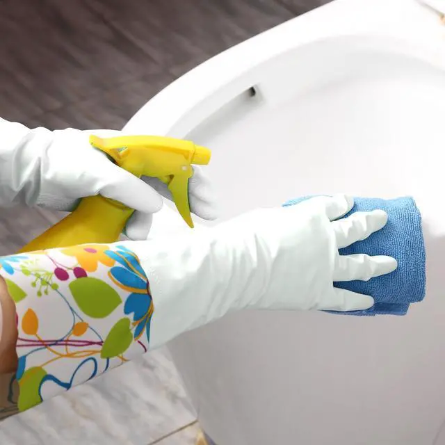 Alt view image 5 of 7 - 3 Pairs Rubber Cleaning Gloves, Household Kitchen Dishwashing Gloves with Cotton Flocked Liner, Long Cuff 16 Inches, Reusable, Non-Slip (Medium, Blue+Pink+White)