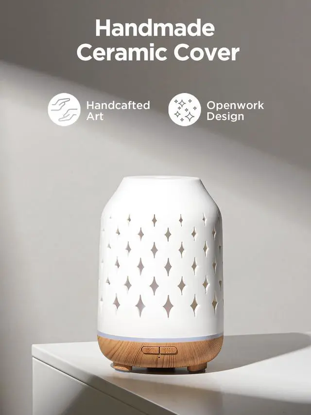 Alt view image 2 of 7 - Aromatherapy Diffuser, 150ml Ceramic Diffuser Ultrasonic Humidifier Cool Mist Essential Oil Diffusers for Home Air Diffuser with 2 Mist Modes Waterless Auto Off, White
