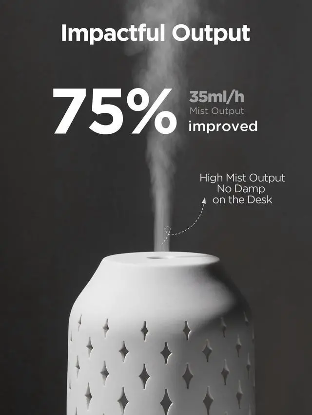 Alt view image 3 of 7 - Aromatherapy Diffuser, 150ml Ceramic Diffuser Ultrasonic Humidifier Cool Mist Essential Oil Diffusers for Home Air Diffuser with 2 Mist Modes Waterless Auto Off, White