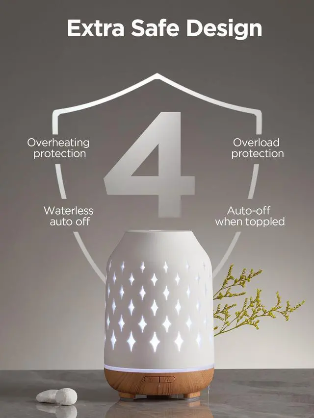 Alt view image 5 of 7 - Aromatherapy Diffuser, 150ml Ceramic Diffuser Ultrasonic Humidifier Cool Mist Essential Oil Diffusers for Home Air Diffuser with 2 Mist Modes Waterless Auto Off, White