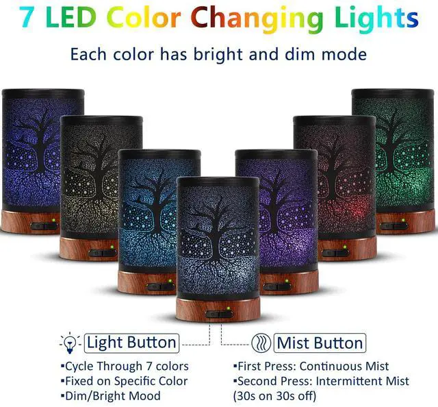 Alt view image 2 of 6 - Aromatherapy Essential Oil Diffuser 150ml- Electric Cool Mist Aroma Diffuser with Intermittent Mode, Auto Shut-Off Protection, 7 Colors Changing LED Light for Home Office Decor & Gift (Life Tree)
