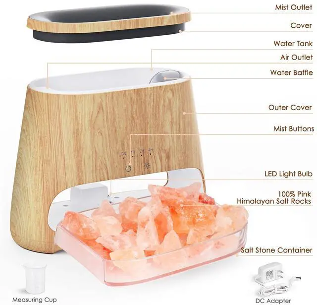 Alt view image 7 of 7 - 2-in-1 Ultrasonic Essential Oil Diffuser & Himalayan Salt Lamp, Aromatherapy Diffuser Cool Mist Humidifier with Auto Off Function, 100% Pure Himalayan Pink Salt Rock, 150ml (Wooden Grain)