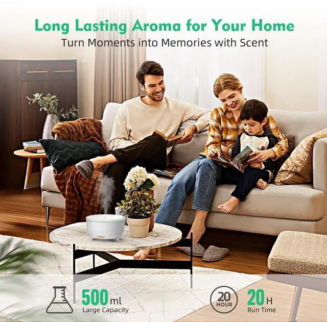 Alt view image 5 of 7 - 20-Hour Long-Lasting Aromatherapy, 500ML Large Essential Oil Diffuser: Ultrasonic Cool Mist Humidifier with Remote Control, 7 Color Lights, Timer, Auto-Off for Home/Bedroom/Yoga (Minimalist White)