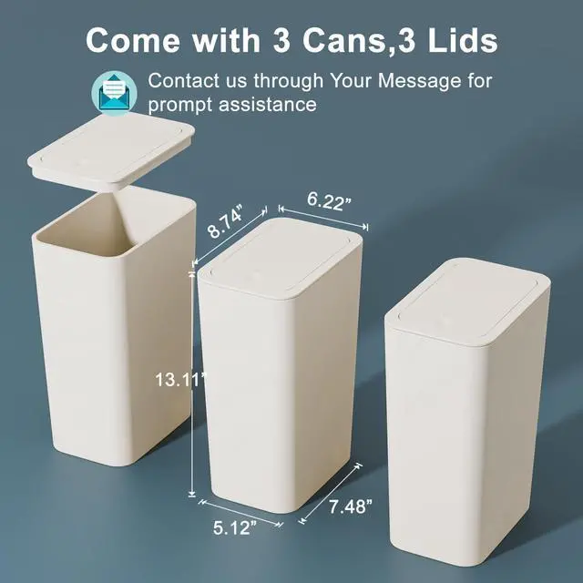 Alt view image 7 of 7 - 3 Pack 10L / 2.6 Gallon Small Trash Can with Lid, Bathroom Garbage Can with Pop-Up Lid, Waste Basket for Bathroom, Kitchen, Bedroom, Powder Room, Craft Room, Office, College (Off White)