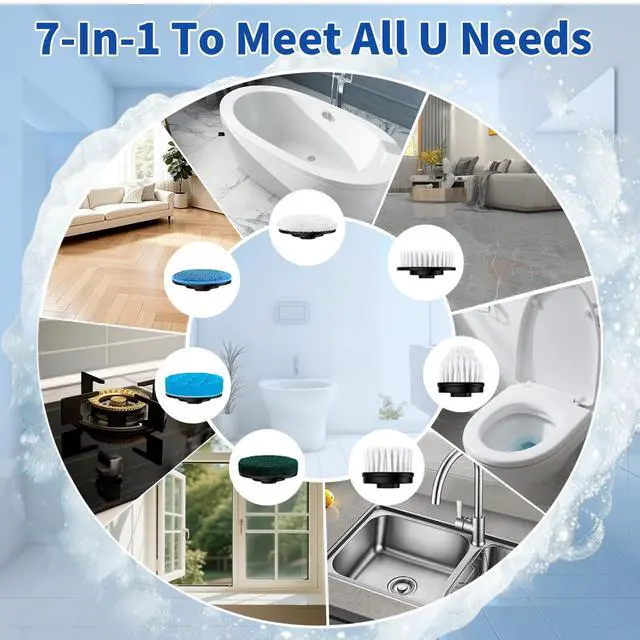 Alt view image 2 of 7 - Electric Spin Scrubber, Bathroom Scrubber Electric with 7 Replaceable Brush Heads, IPX7 Waterproof,300/400 RPM, 3 Adjustable Length,Scrubber Brush Electric for Bathtub Floor,White