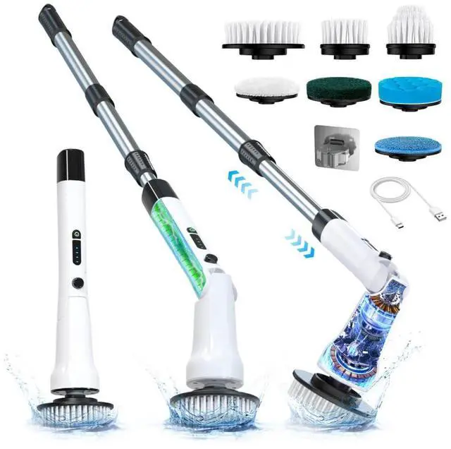 Main image of Electric Spin Scrubber, Bathroom Scrubber Electric with 7 Replaceable Brush Heads, IPX7 Waterproof,300/400 RPM, 3 Adjustable Length,Scrubber Brush Electric for Bathtub Floor,White