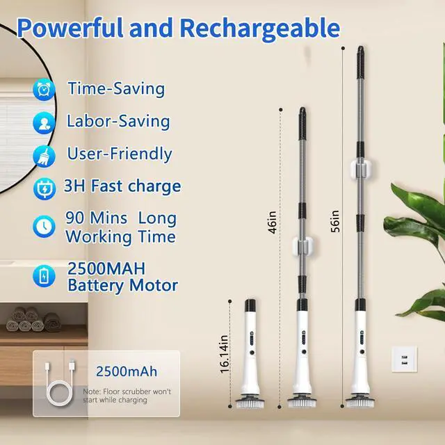 Alt view image 4 of 7 - Electric Spin Scrubber, Bathroom Scrubber Electric with 7 Replaceable Brush Heads, IPX7 Waterproof,300/400 RPM, 3 Adjustable Length,Scrubber Brush Electric for Bathtub Floor,White