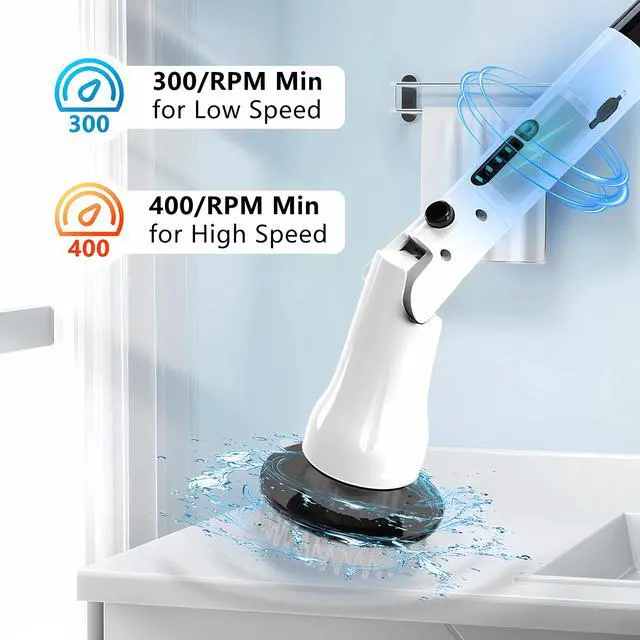 Alt view image 6 of 7 - Electric Spin Scrubber, Bathroom Scrubber Electric with 7 Replaceable Brush Heads, IPX7 Waterproof,300/400 RPM, 3 Adjustable Length,Scrubber Brush Electric for Bathtub Floor,White