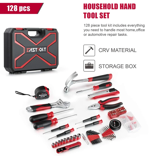 Alt view image 2 of 7 - 128-Piece Home Repair Tool Set, Tool Sets for Homeowners, General Household Hand Tool Set with Storage Toolbox, EVHT12801, Black + Red (ASK01)