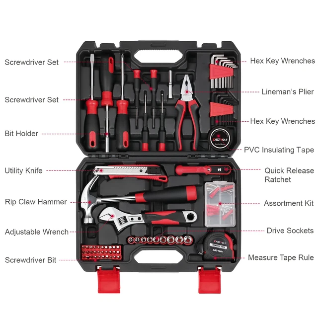 Alt view image 3 of 7 - 128-Piece Home Repair Tool Set, Tool Sets for Homeowners, General Household Hand Tool Set with Storage Toolbox, EVHT12801, Black + Red (ASK01)