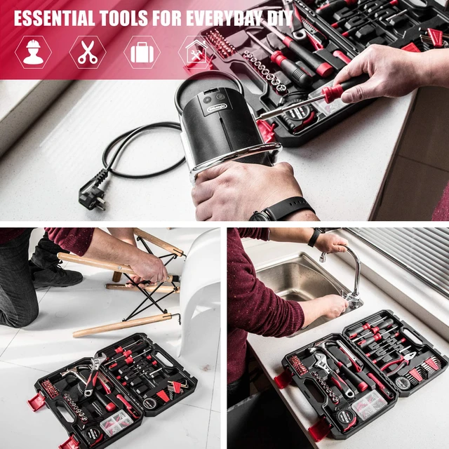 Alt view image 4 of 7 - 128-Piece Home Repair Tool Set, Tool Sets for Homeowners, General Household Hand Tool Set with Storage Toolbox, EVHT12801, Black + Red (ASK01)