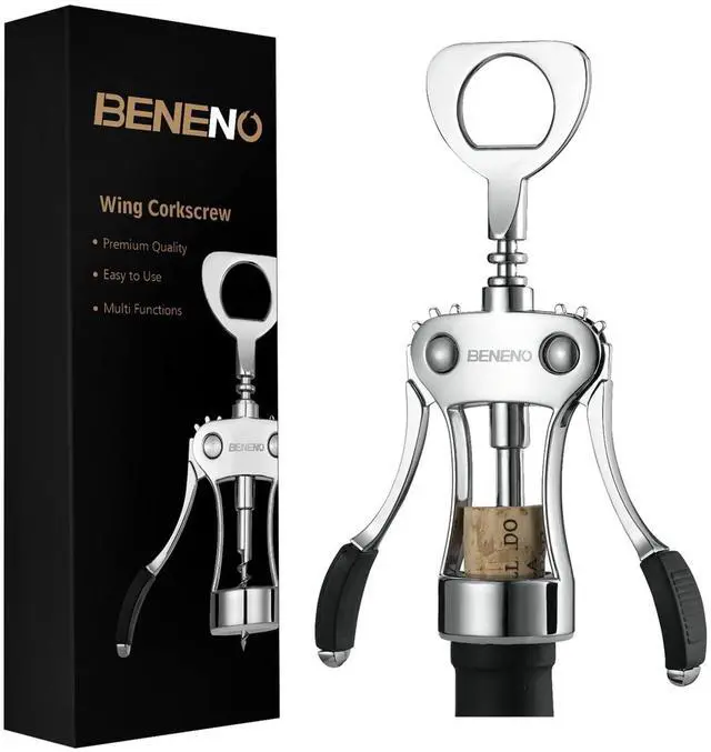 Main image of Wine Opener, Zinc Alloy Premium Wing Corkscrew with Multifunctional Bottles Opener, Sharp Wine Corkscrew with Ergonomic Non-Slip Wing Handle, Silver