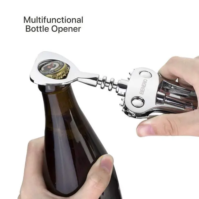 Alt view image 2 of 7 - Wine Opener, Zinc Alloy Premium Wing Corkscrew with Multifunctional Bottles Opener, Sharp Wine Corkscrew with Ergonomic Non-Slip Wing Handle, Silver