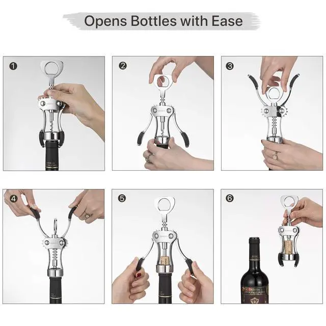 Alt view image 4 of 7 - Wine Opener, Zinc Alloy Premium Wing Corkscrew with Multifunctional Bottles Opener, Sharp Wine Corkscrew with Ergonomic Non-Slip Wing Handle, Silver
