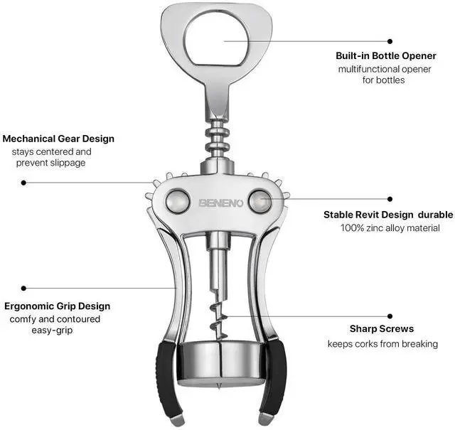 Alt view image 5 of 7 - Wine Opener, Zinc Alloy Premium Wing Corkscrew with Multifunctional Bottles Opener, Sharp Wine Corkscrew with Ergonomic Non-Slip Wing Handle, Silver