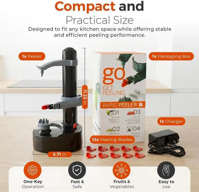 Alt view image 3 of 7 - Electric Potato Peeler with 13 Blades, Automatic Rotating Vegetable & Fruit Peeler Machine, Hands-Free Peeler for Potatoes, Apples & More Kitchen Gadgets (Black)