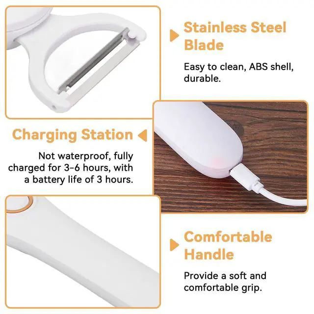 Alt view image 5 of 7 - Electric Potato Peeler, Handheld Vegetable Peeler Set with 3 Interchangeable Blade Heads USB Rechargeable Veggie Fruit Peeler for Pears, Carrots, Cucumber