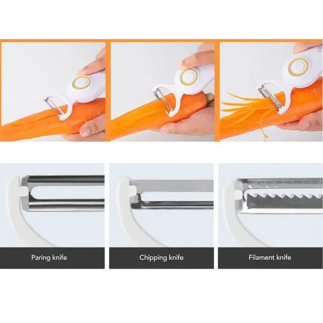 Alt view image 7 of 7 - Electric Potato Peeler, Handheld Vegetable Peeler Set with 3 Interchangeable Blade Heads USB Rechargeable Veggie Fruit Peeler for Pears, Carrots, Cucumber