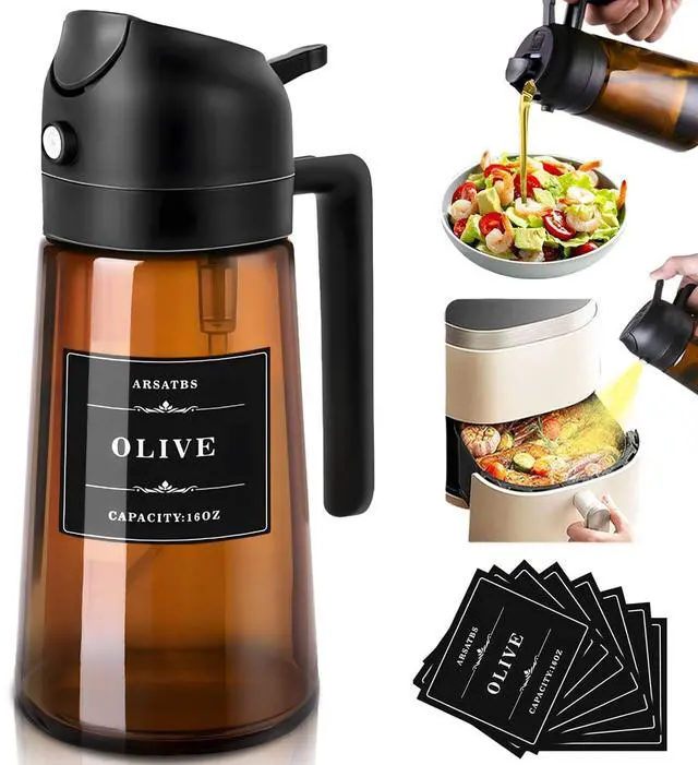 Main image of 16oz/470ml Olive Oil Sprayer for Cooking, 2 in 1 Oil Dispenser Bottle Spray and Pour with Stickers, Premium Dark Brown Glass Oil Bottle for Air Fryer and Salad