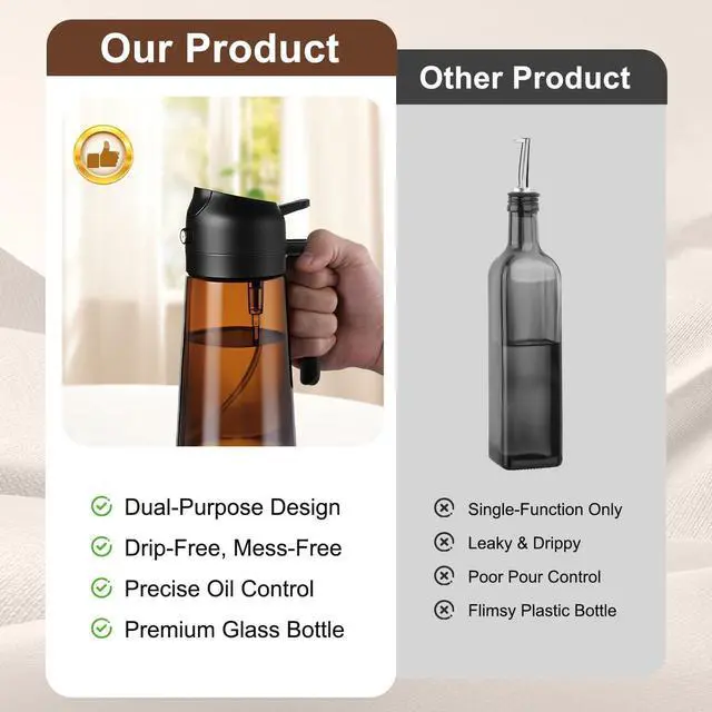 Alt view image 6 of 7 - 16oz/470ml Olive Oil Sprayer for Cooking, 2 in 1 Oil Dispenser Bottle Spray and Pour with Stickers, Premium Dark Brown Glass Oil Bottle for Air Fryer and Salad