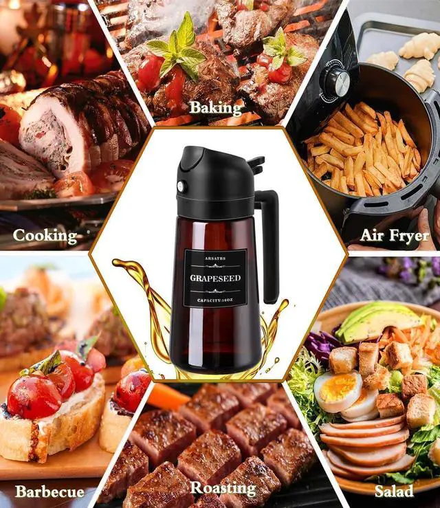 Alt view image 7 of 7 - 16oz/470ml Olive Oil Sprayer for Cooking, 2 in 1 Oil Dispenser Bottle Spray and Pour with Stickers, Premium Dark Brown Glass Oil Bottle for Air Fryer and Salad