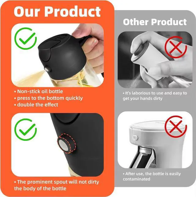 Alt view image 7 of 7 - oil sprayer 16oz Glass Olive Oil Sprayer for Cooking 2 in 1 Olive Oil Dispenser Bottle for Kitchen Gadgets and Air Fryer Accessories, Salad, BBQ - Black