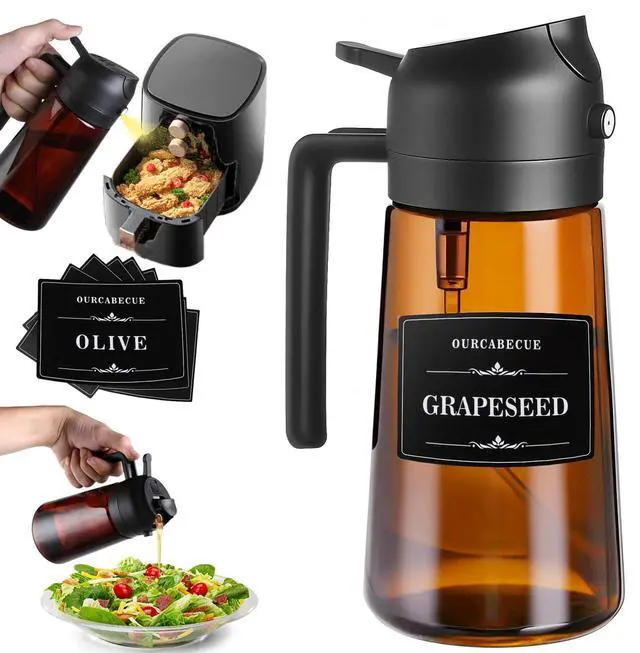Main image of 2 in 1 Olive Oil Sprayer for Cooking, 16oz/470ml Light-Blocking Dark Olive Oil Dispenser Bottle for Kitchen, Food-Grade Glass Oil Mister with 8 Oil Stickers