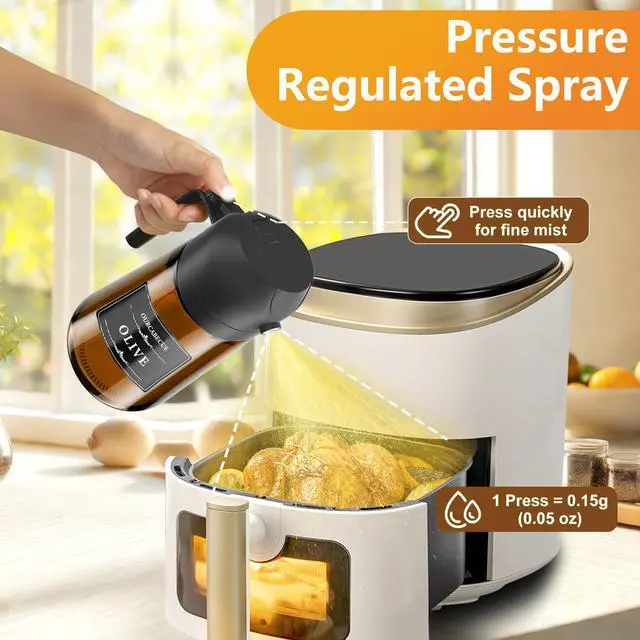 Alt view image 2 of 7 - 2 in 1 Olive Oil Sprayer for Cooking, 16oz/470ml Light-Blocking Dark Olive Oil Dispenser Bottle for Kitchen, Food-Grade Glass Oil Mister with 8 Oil Stickers