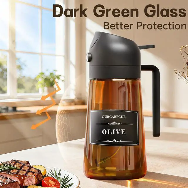 Alt view image 4 of 7 - 2 in 1 Olive Oil Sprayer for Cooking, 16oz/470ml Light-Blocking Dark Olive Oil Dispenser Bottle for Kitchen, Food-Grade Glass Oil Mister with 8 Oil Stickers