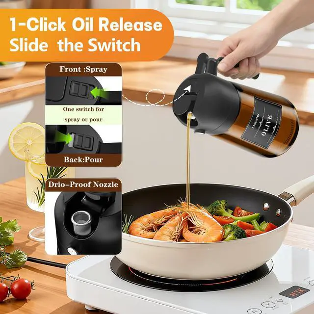 Alt view image 3 of 7 - 2 in 1 Olive Oil Sprayer for Cooking, 16oz/470ml Light-Blocking Dark Olive Oil Dispenser Bottle for Kitchen, Food-Grade Glass Oil Mister with 8 Oil Stickers