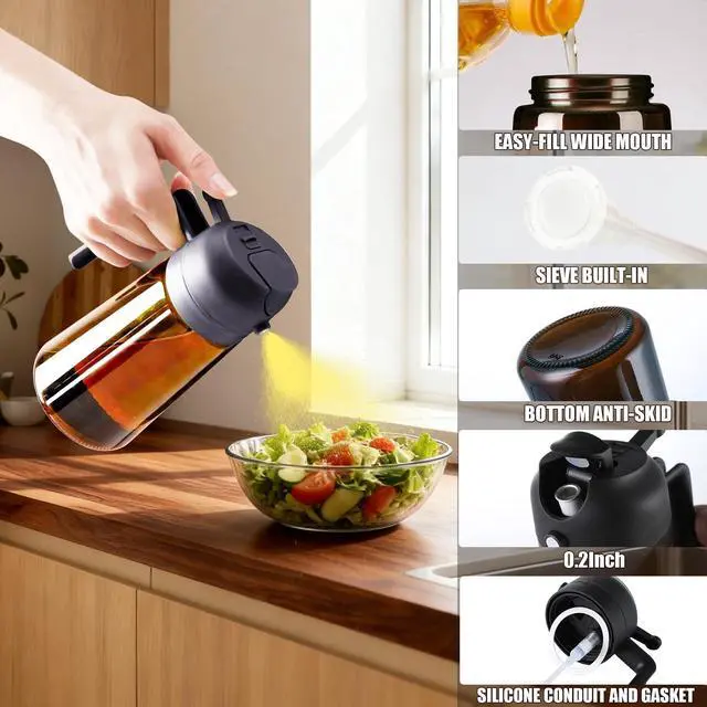 Alt view image 5 of 7 - 2 in 1 Olive Oil Sprayer for Cooking, 16oz/470ml Light-Blocking Dark Olive Oil Dispenser Bottle for Kitchen, Food-Grade Glass Oil Mister with 8 Oil Stickers