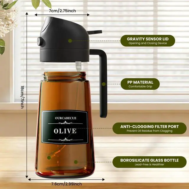 Alt view image 7 of 7 - 2 in 1 Olive Oil Sprayer for Cooking, 16oz/470ml Light-Blocking Dark Olive Oil Dispenser Bottle for Kitchen, Food-Grade Glass Oil Mister with 8 Oil Stickers