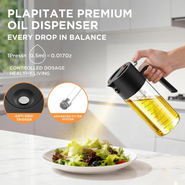 Alt view image 2 of 7 - 17oz/500ml Premium Olive Oil Sprayer for Cooking, 2 in 1 Glass Olive Oil Dispenser Bottle for Kitchen Gadgets, Spray Bottle with Portion Control for Salad, Frying, BBQ (Black)