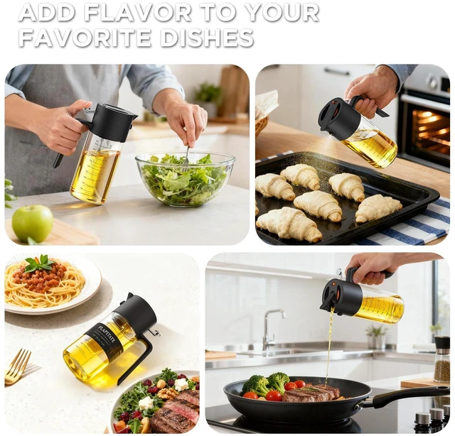 Alt view image 7 of 7 - 17oz/500ml Premium Olive Oil Sprayer for Cooking, 2 in 1 Glass Olive Oil Dispenser Bottle for Kitchen Gadgets, Spray Bottle with Portion Control for Salad, Frying, BBQ (Black)