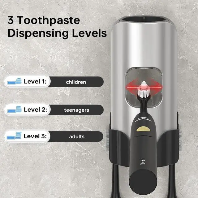 Alt view image 6 of 6 - Automatic Toothpaste Dispenser Wall Mounted - Hands-Free Toothpaste Squeezer with 3 Speed Settings, 2 Toothbrush Holders & Strong Adhesive - Smart Bathroom Organizer for Kids and Adults