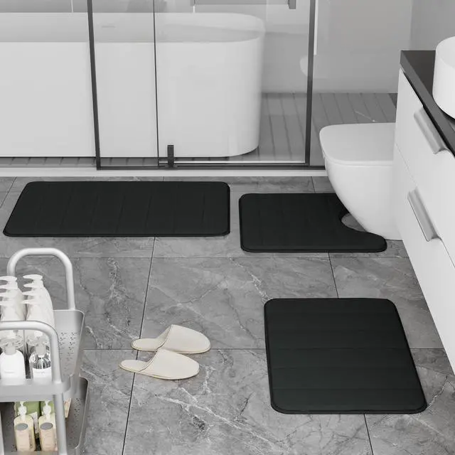 Alt view image 4 of 7 - Bathroom Rugs Set Memory Foam Bath Rugs Non-Slip Bath Mat Set 3 Piece,Washable Bathroom Mats,Absorbent Shaggy Rugs Super Soft U-Shaped Toilet Rug,Bahroom Carpets for Bathroom,Tub,ShowerBlack