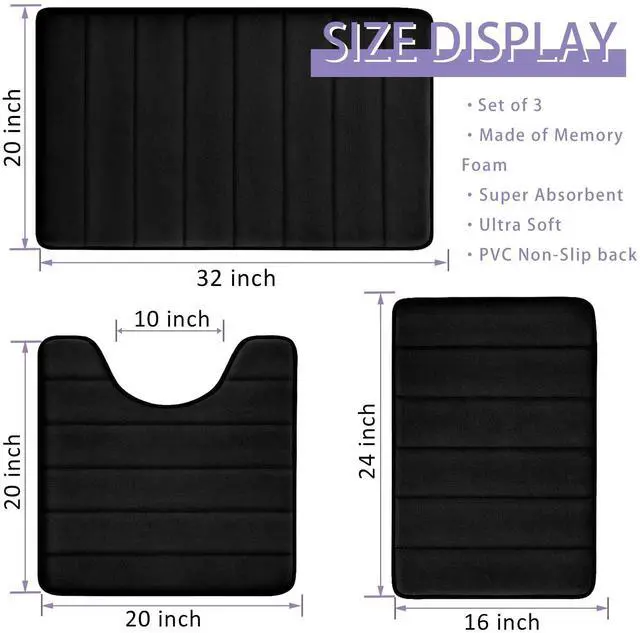 Alt view image 5 of 7 - Bathroom Rugs Set Memory Foam Bath Rugs Non-Slip Bath Mat Set 3 Piece,Washable Bathroom Mats,Absorbent Shaggy Rugs Super Soft U-Shaped Toilet Rug,Bahroom Carpets for Bathroom,Tub,ShowerBlack